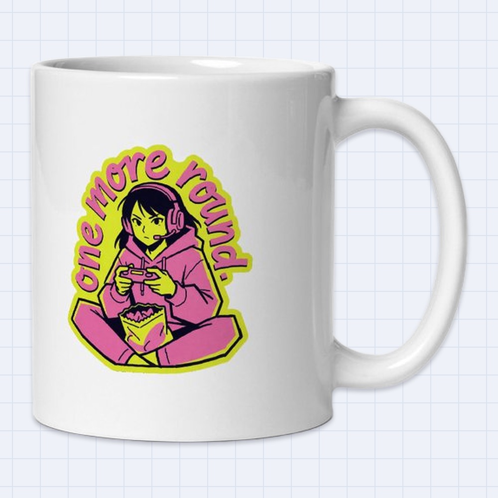 Retro Anime Gamer Girl Mug – "One more round" | 11 oz White Ceramic Coffee Mug