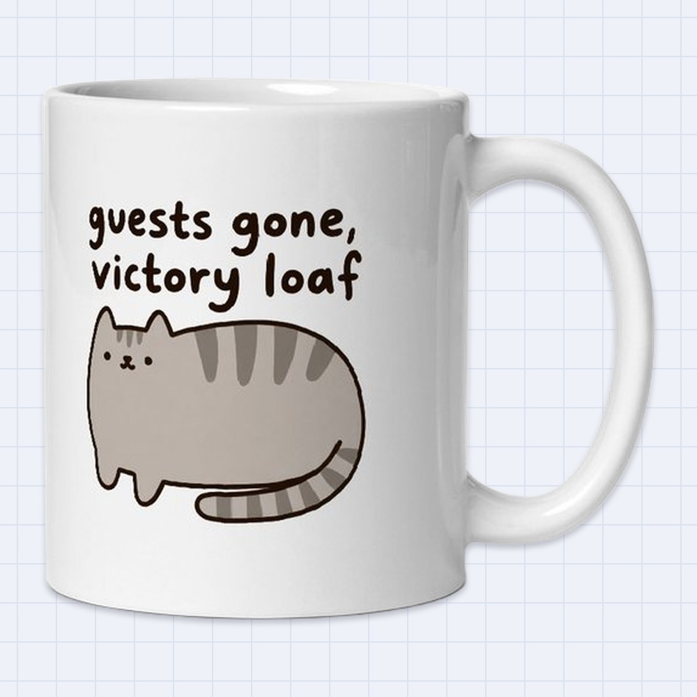 Cute Chubby Loaf Cat Mug – "Guests gone, victory loaf" | 11 oz White Ceramic Coffee Mug