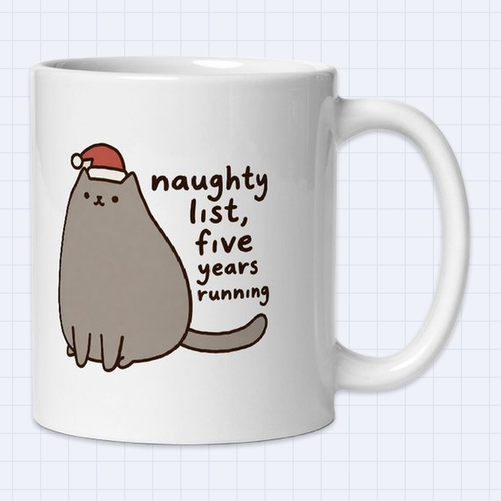 Funny Santa Cat Mug – "Naughty list, five years running" | 11 oz White Ceramic Coffee Mug