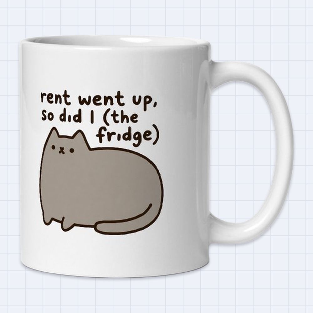 Cute Chubby Cat Blob Mug – "Rent went up, so did I (the fridge)" | 11 oz White Ceramic Coffee Mug