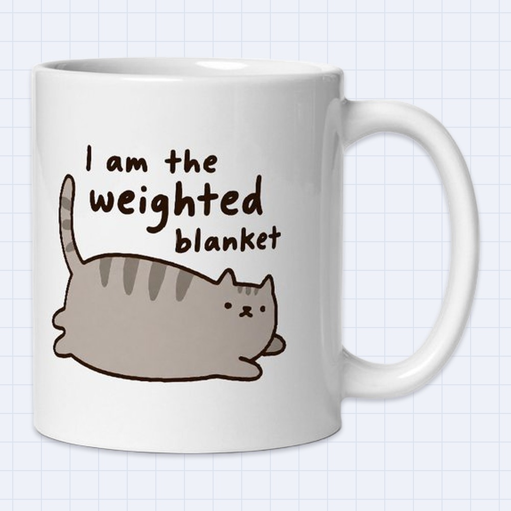 Cute Chubby Cat Lying Down Mug – "I am the weighted blanket" | 11 oz White Ceramic Coffee Mug