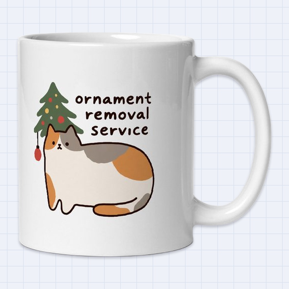 Funny Calico Cat and Christmas Tree Mug – "Ornament removal service" | 11 oz White Ceramic Coffee Mug