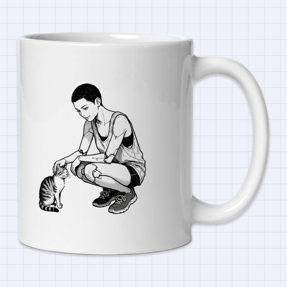 Black and White Manga Cyborg Petting a Cat Mug | 11 oz White Ceramic Coffee Mug