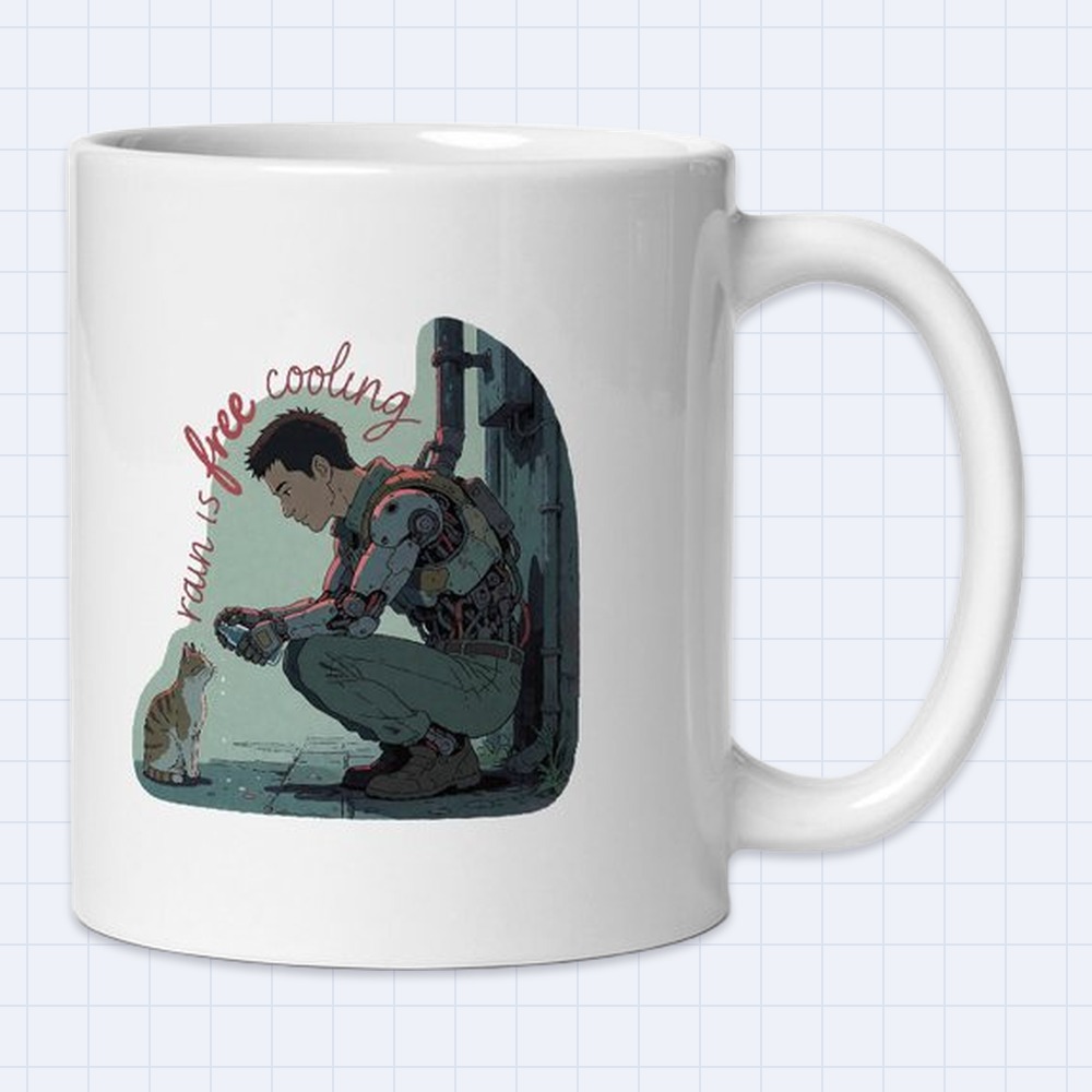 Cyberpunk Anime Cyborg and Stray Cat Mug – "Rain is free cooling" | 11 oz White Ceramic Coffee Mug
