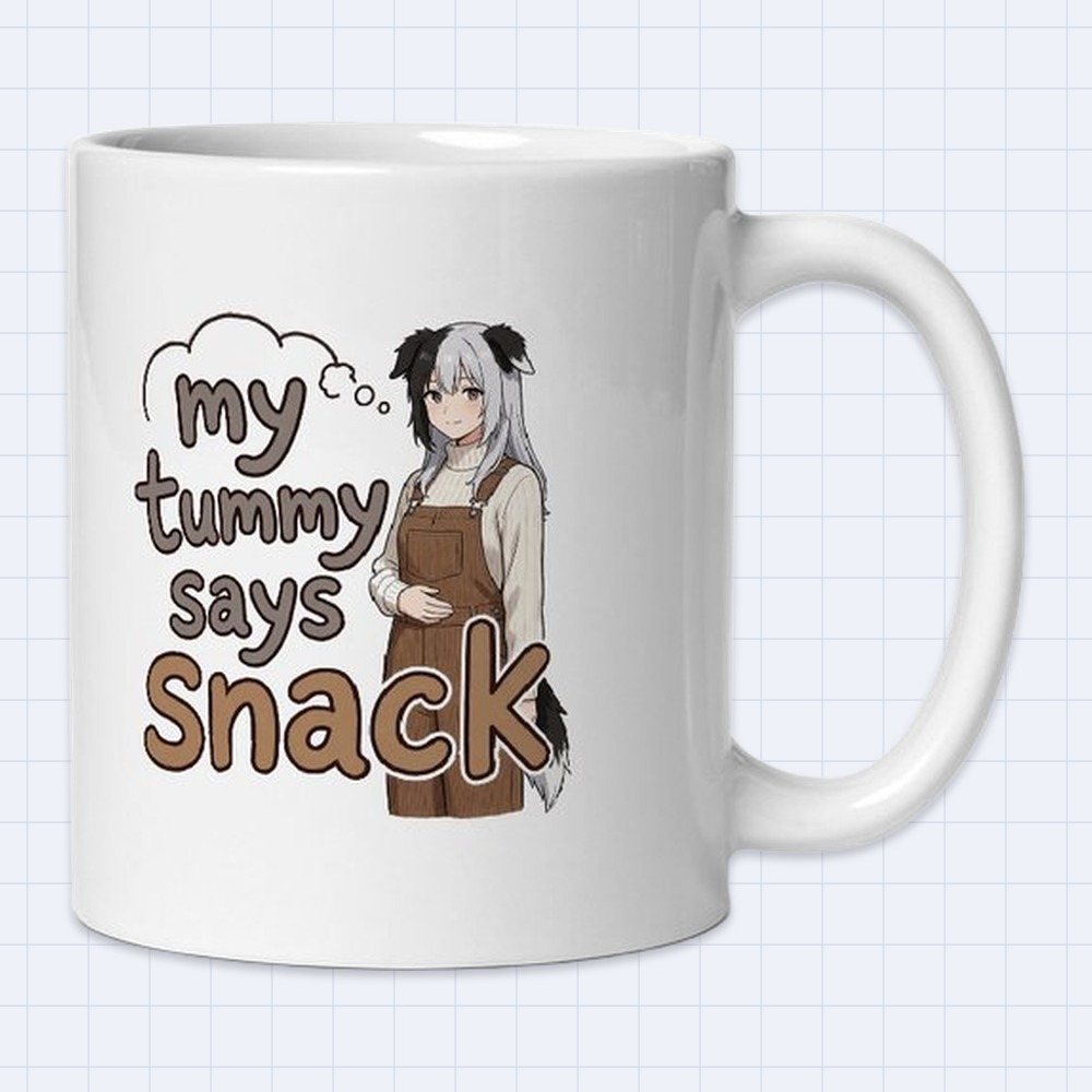 Anime Dog-Ear Girl Snack Time Mug – "My tummy says snack" | 11 oz White Ceramic Coffee Mug
