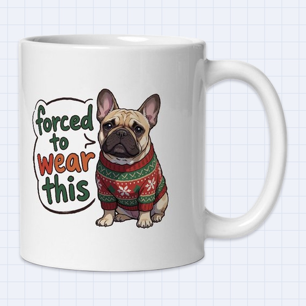 Funny French Bulldog Christmas Mug – "Forced to wear this" | 11 oz White Ceramic Coffee Mug