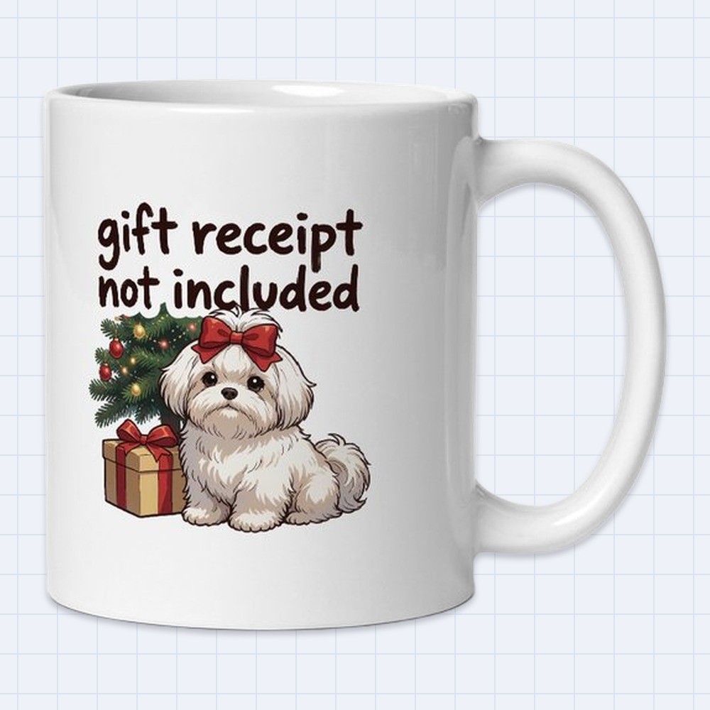 Fluffy Dog Christmas Tree Mug – "Gift receipt not included" | 11 oz White Ceramic Coffee Mug