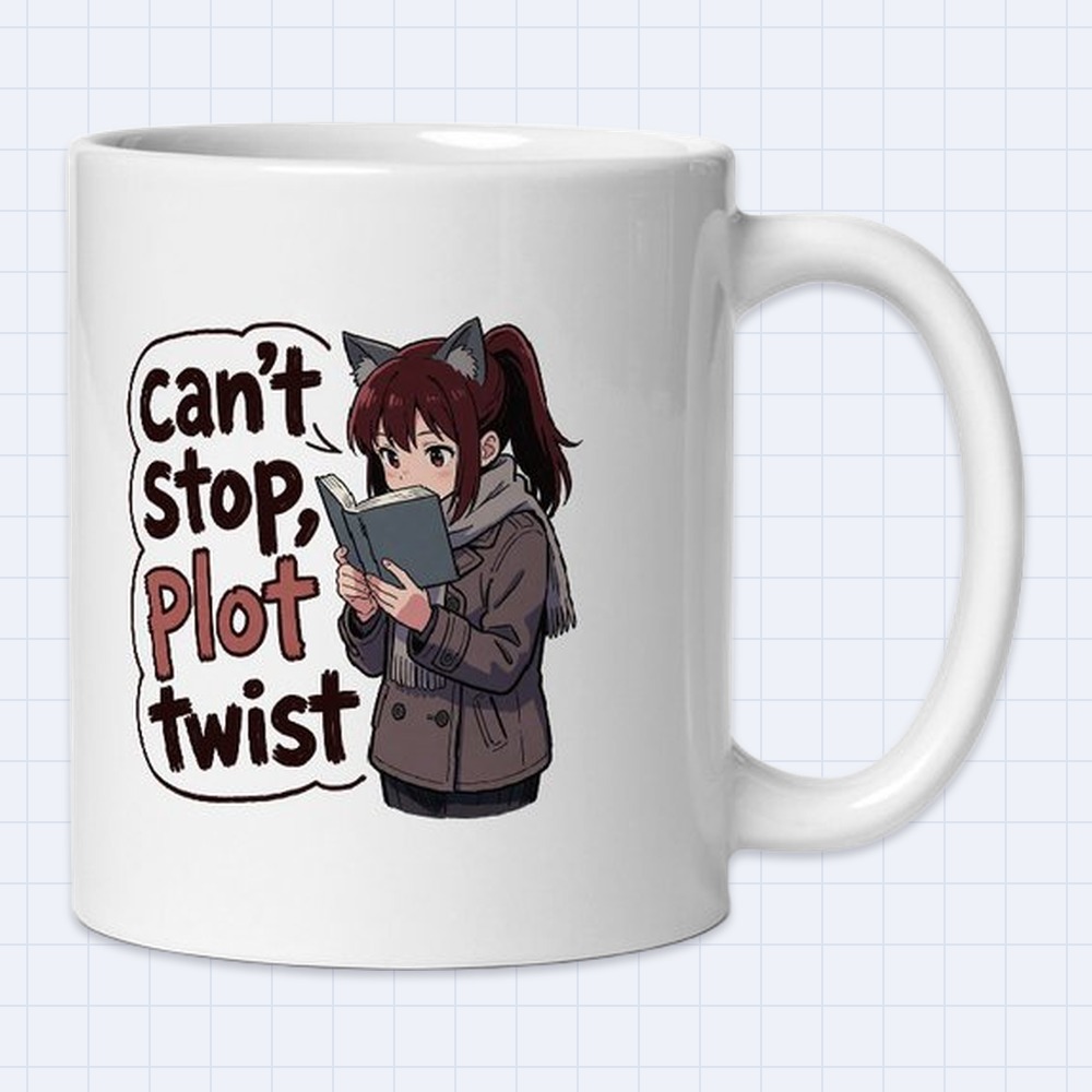 Anime Cat-Ear Girl Reading a Book Mug – "Can't stop, plot twist" | 11 oz White Ceramic Coffee Mug