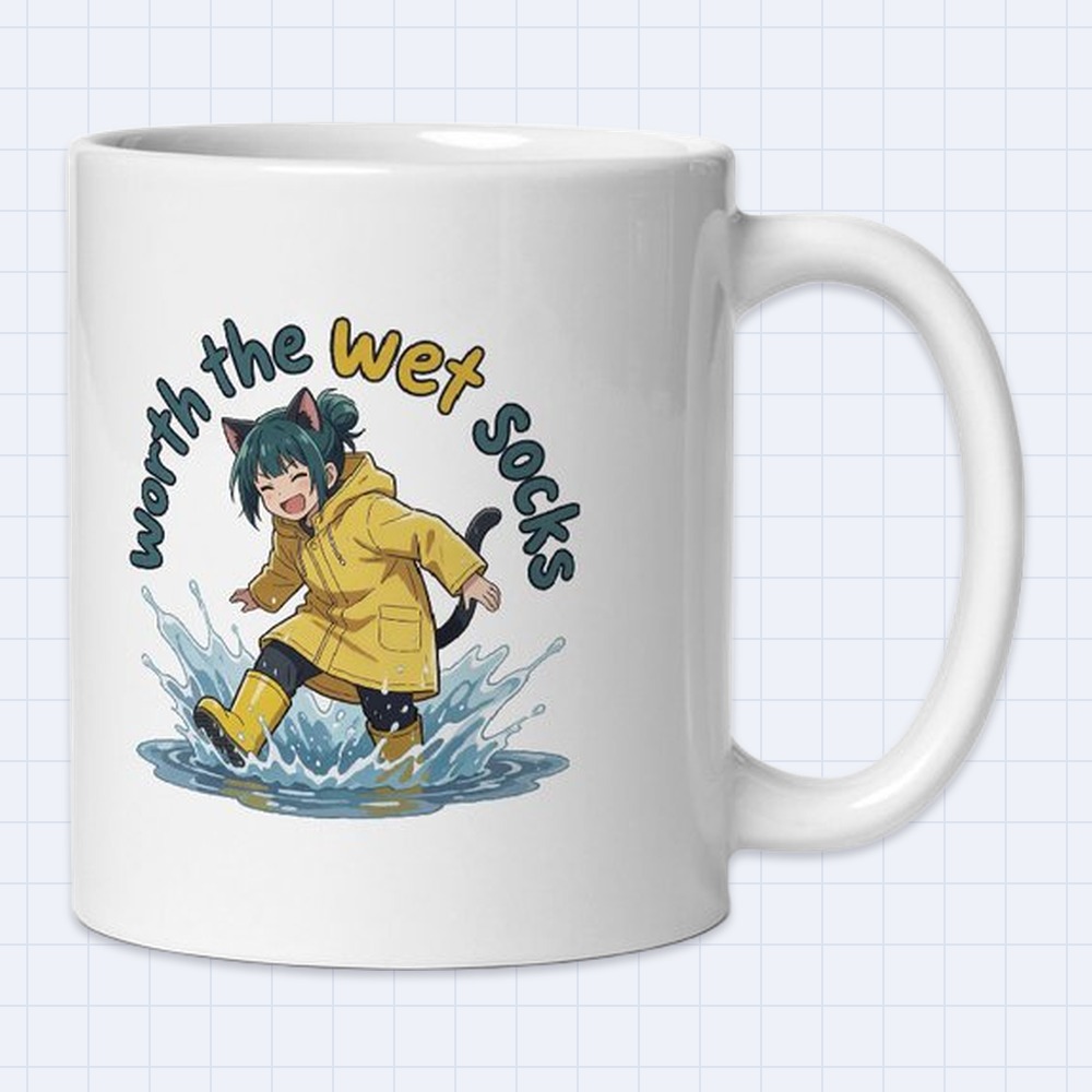 Anime Cat-Ear Guy Puddle Jumping Mug – "Worth the wet socks" | 11 oz White Ceramic Coffee Mug