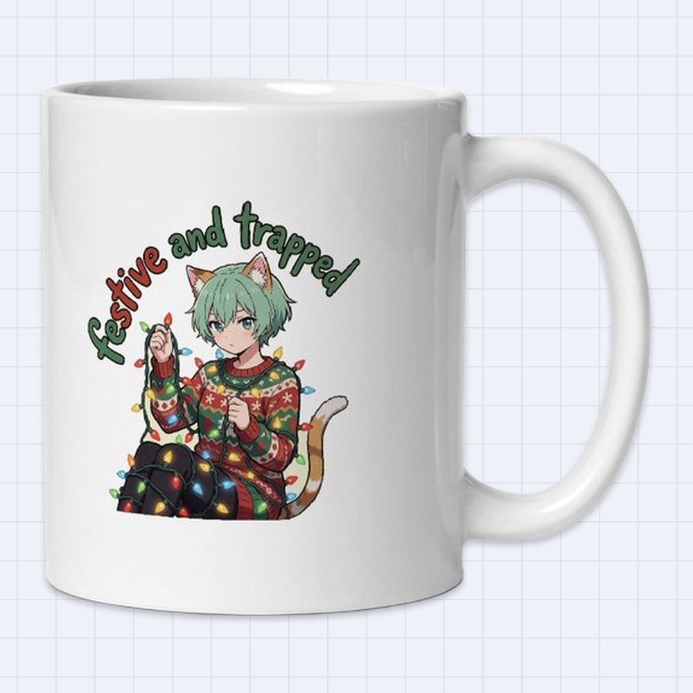 Anime Cat-Ear Girl Tangled in Christmas Lights Mug – "Festive and trapped" | 11 oz White Ceramic Coffee Mug