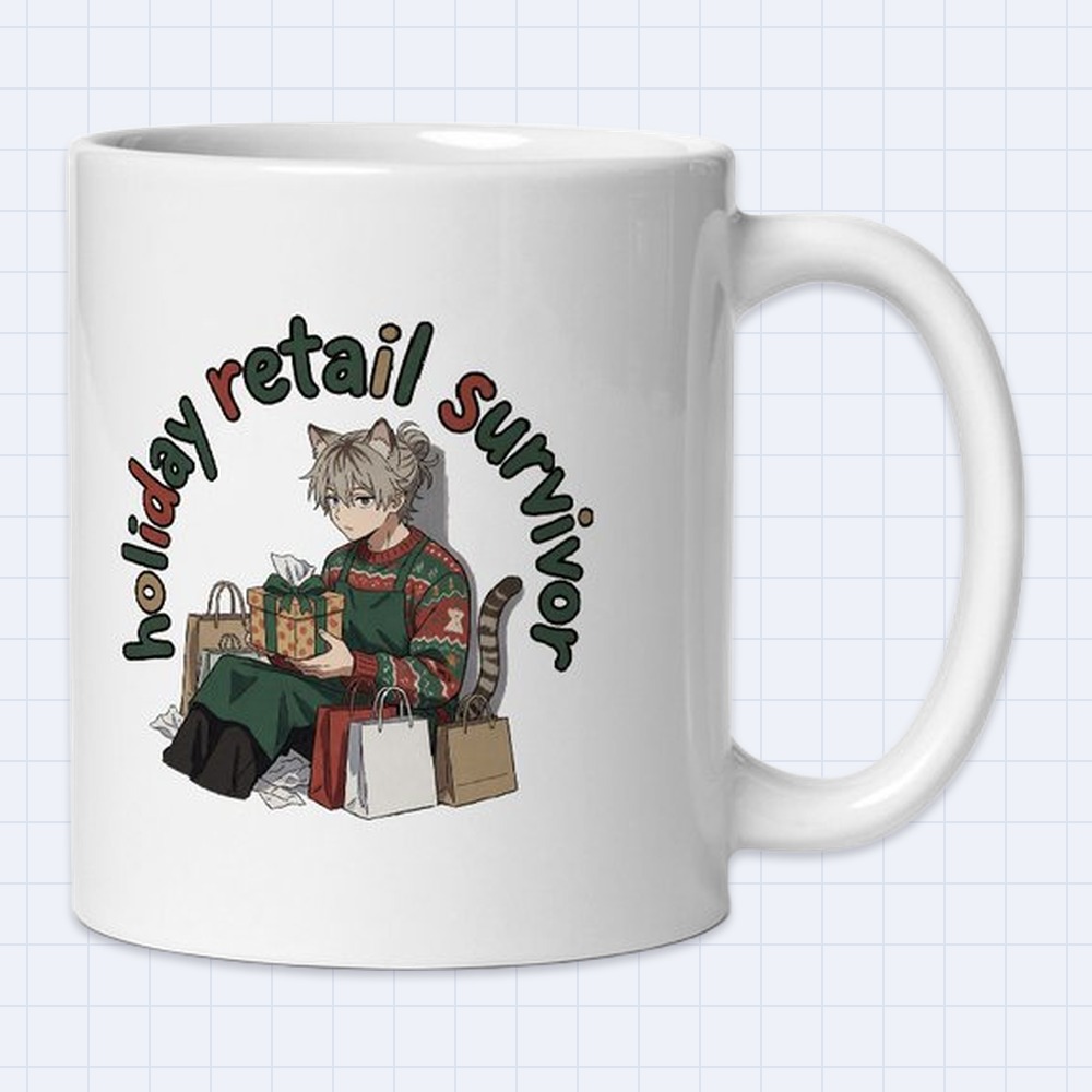 Anime Cat-Ear Guy Holiday Shopping Mug – "Holiday retail survivor" | 11 oz White Ceramic Coffee Mug
