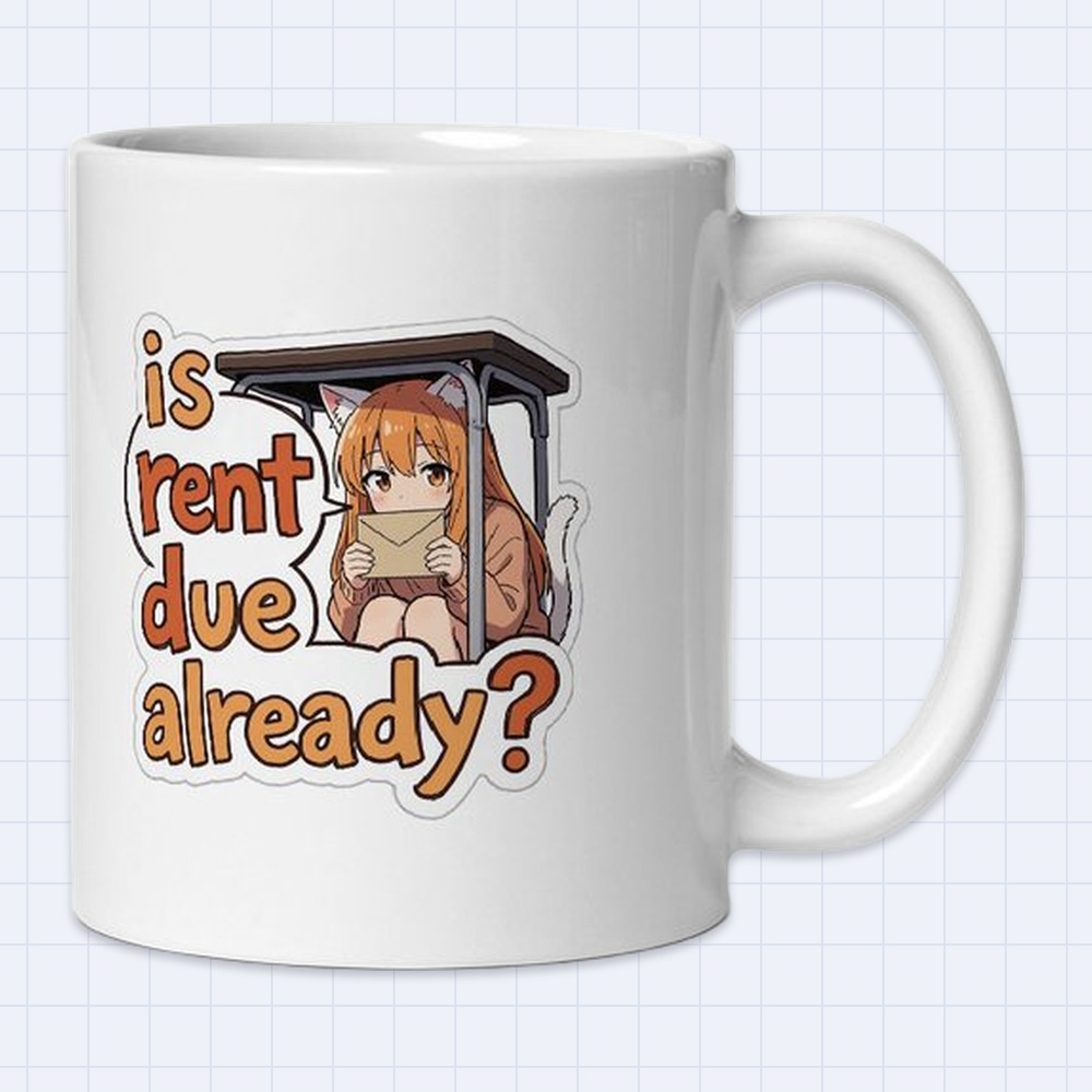 Anime Cat-Ear Girl Hiding Under Desk Mug – "Is rent due already?" | 11 oz White Ceramic Coffee Mug