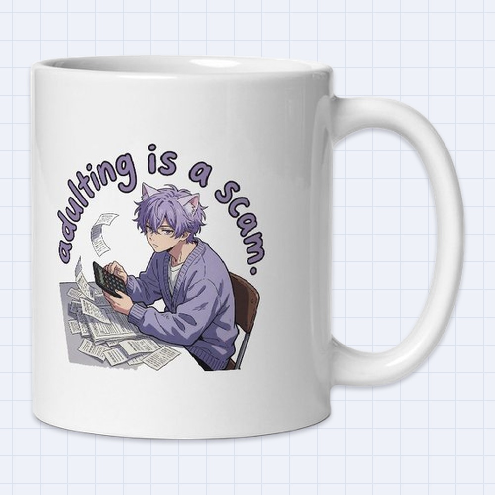 Anime Cat-Ear Guy Doing Taxes Mug – "Adulting is a scam" | 11 oz White Ceramic Coffee Mug