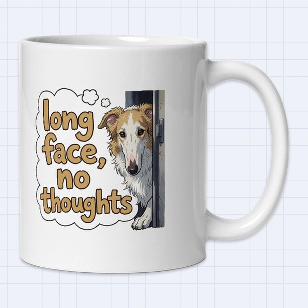 Funny Borzoi Dog Mug – "Long face, no thoughts" | 11 oz White Ceramic Coffee Mug