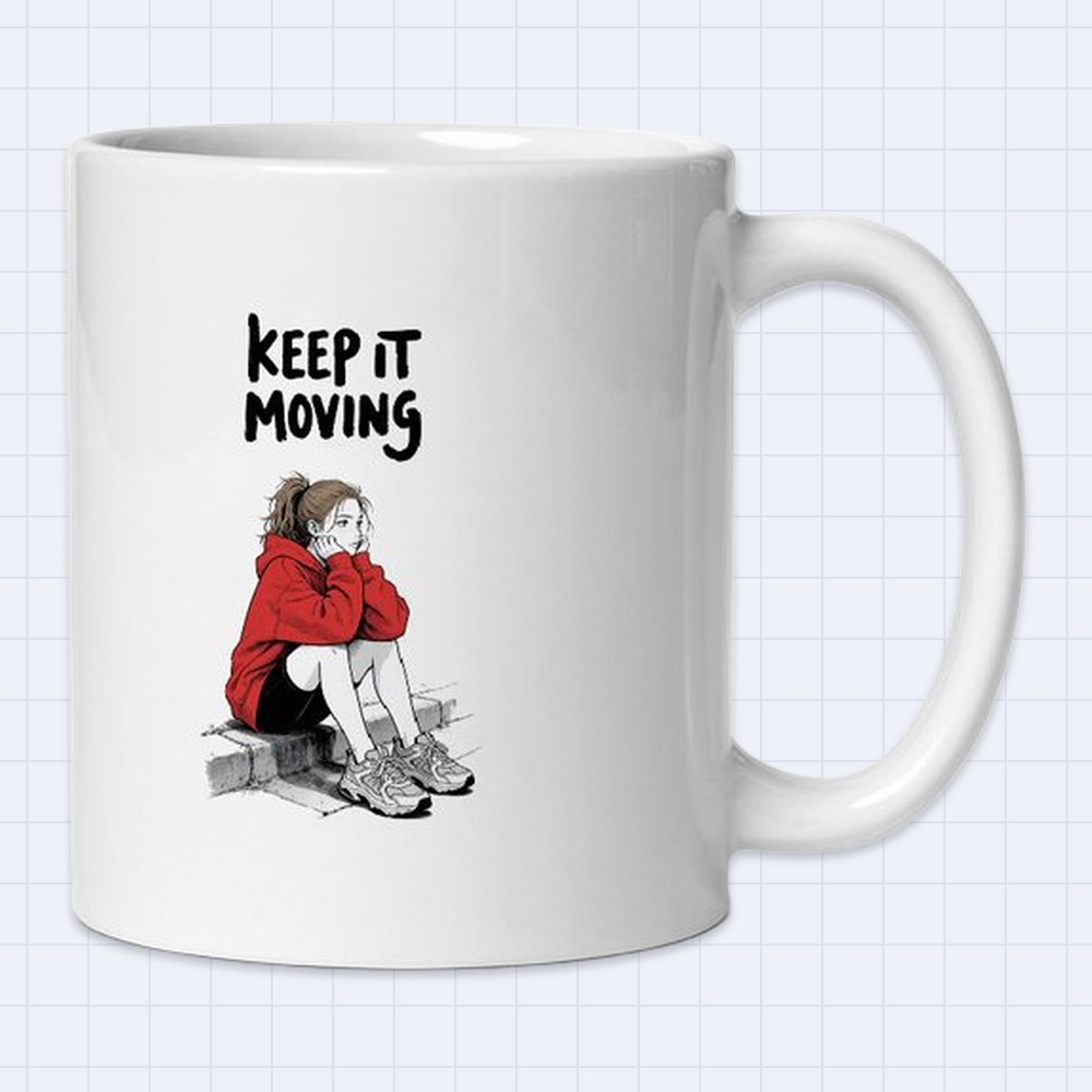 Black and White Manga Girl Sitting on Curb Mug – "Keep it moving" | 11 oz White Ceramic Coffee Mug