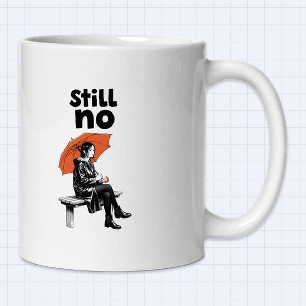 Black and White Manga Girl on Bench with Umbrella Mug – "Still no" | 11 oz White Ceramic Coffee Mug