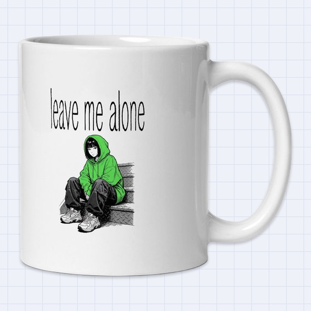 Black and White Manga Girl on Stairs Mug – "Leave me alone" | 11 oz White Ceramic Coffee Mug