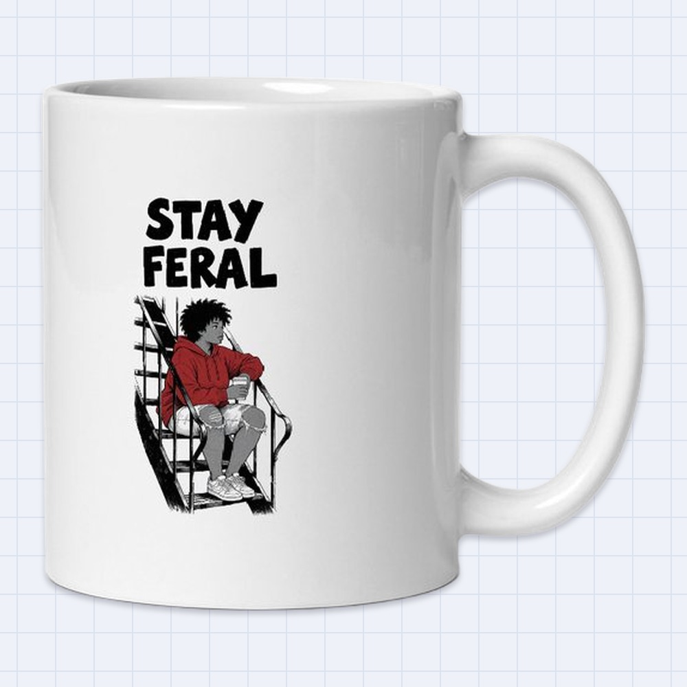Black and White Manga Girl on Fire Escape Mug – "Stay feral" | 11 oz White Ceramic Coffee Mug