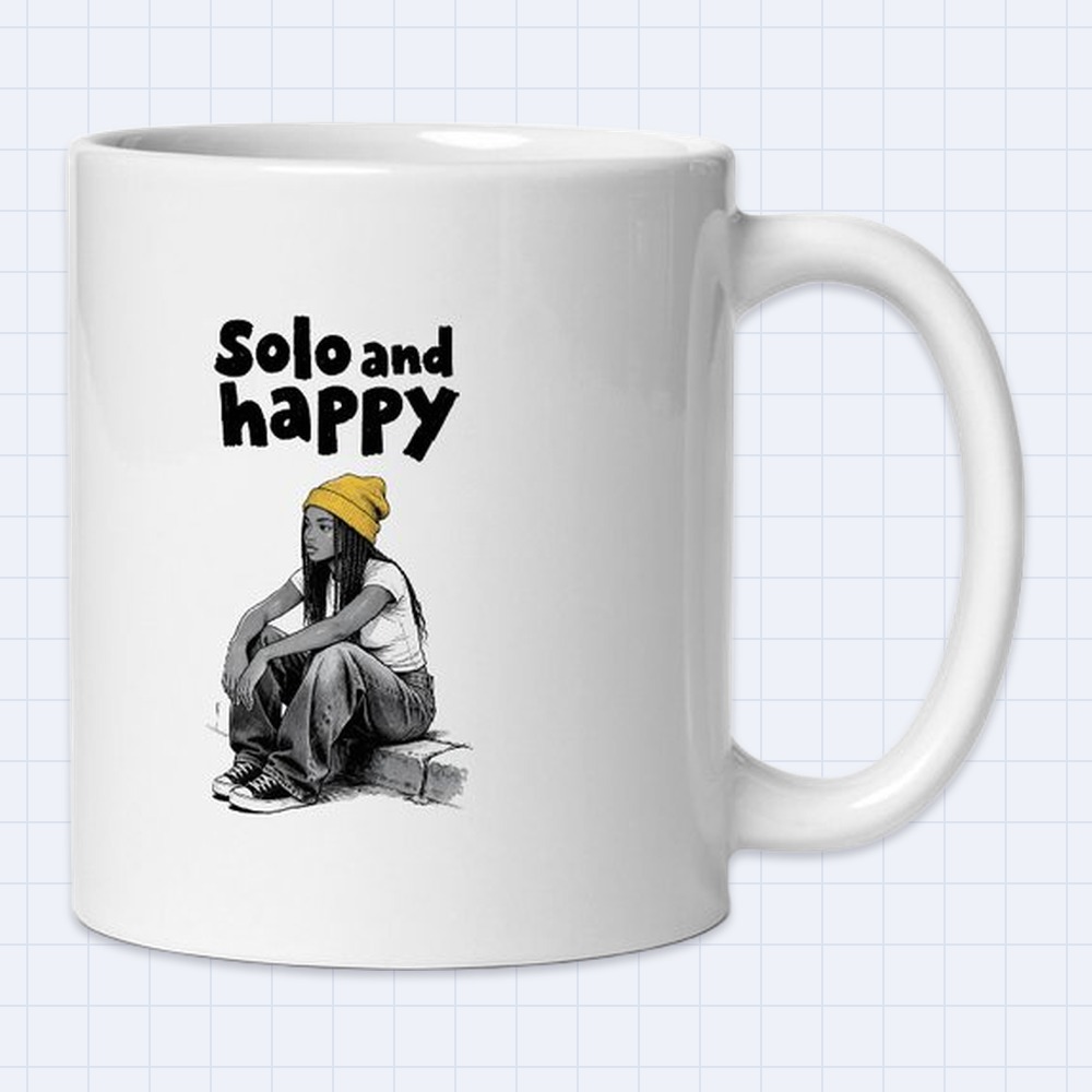 Black and White Manga Girl with Braids Mug – "Solo and happy" | 11 oz White Ceramic Coffee Mug