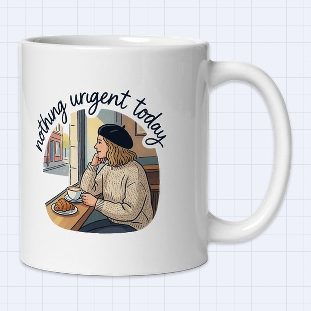 Cozy Café Girl with Latte Mug – "Nothing urgent today" | 11 oz White Ceramic Coffee Mug