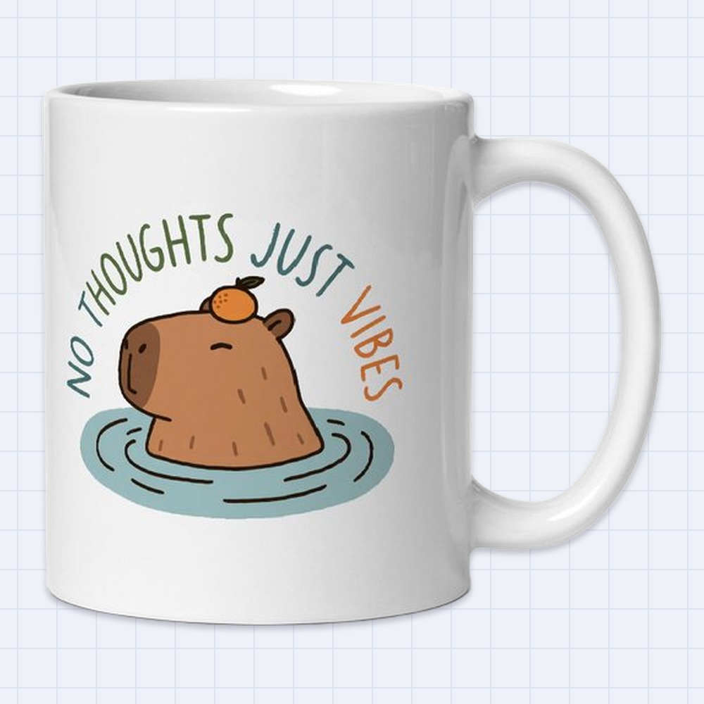 Cute Capybara in Water Mug – "No thoughts just vibes" | 11 oz White Ceramic Coffee Mug