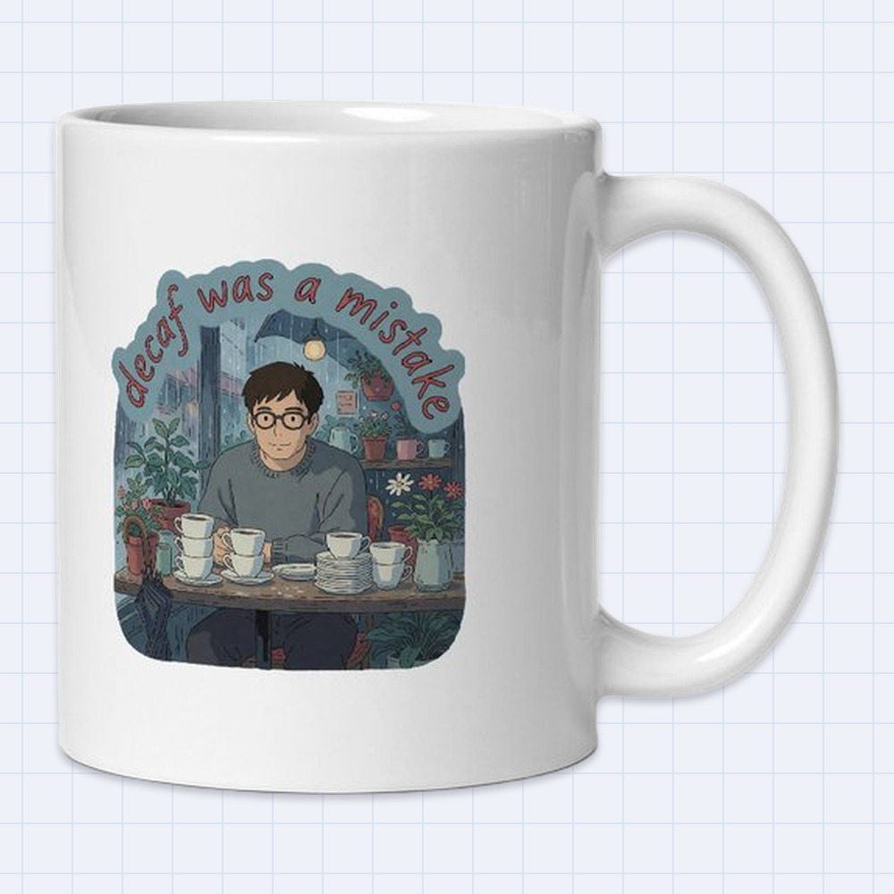 Cozy Anime Coffee Shop Rainy Day Mug – "Decaf was a mistake" | 11 oz White Ceramic Coffee Mug