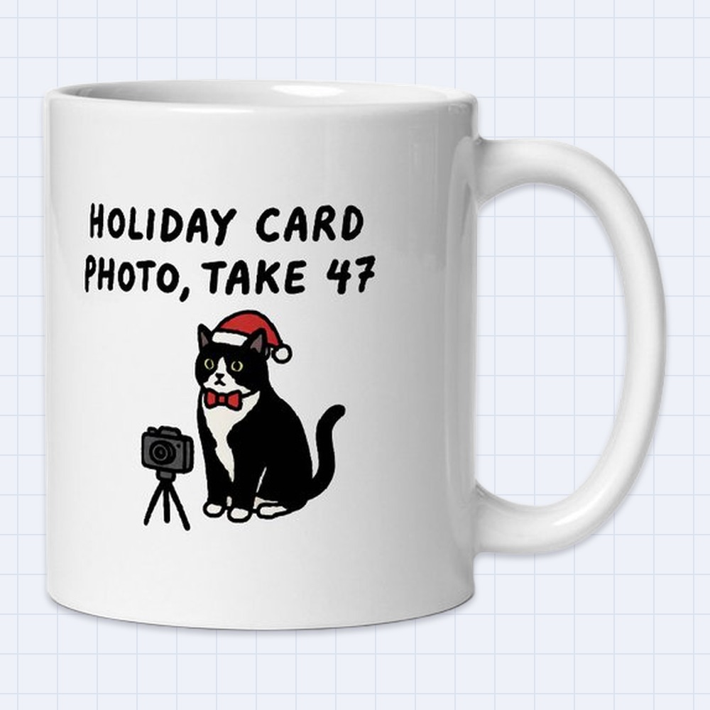 Tuxedo Cat Christmas Card Photo Mug – "Holiday card photo, take 47" | 11 oz White Ceramic Coffee Mug