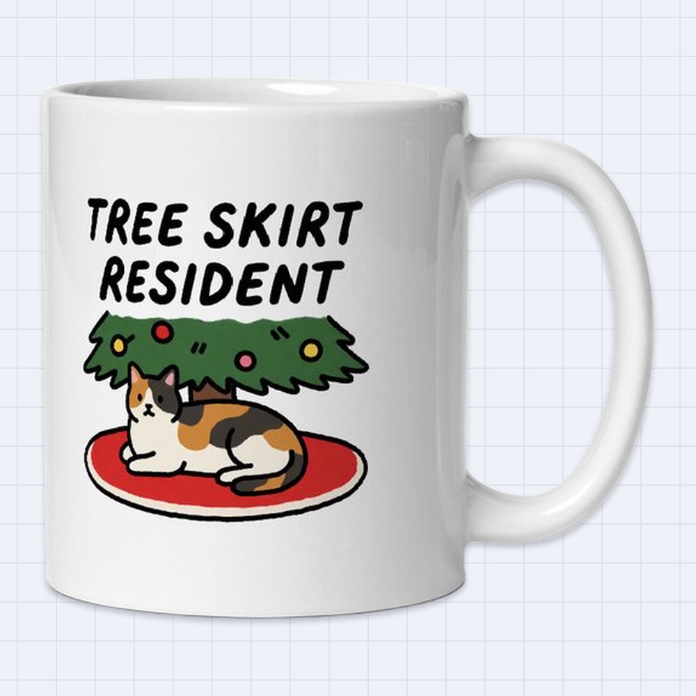 Calico Cat Under Christmas Tree Mug – "Tree skirt resident" | 11 oz White Ceramic Coffee Mug