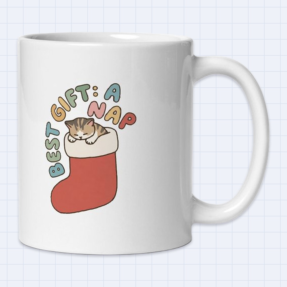 Cute Kitten in Christmas Stocking Mug – "Best gift: a nap" | 11 oz White Ceramic Coffee Mug