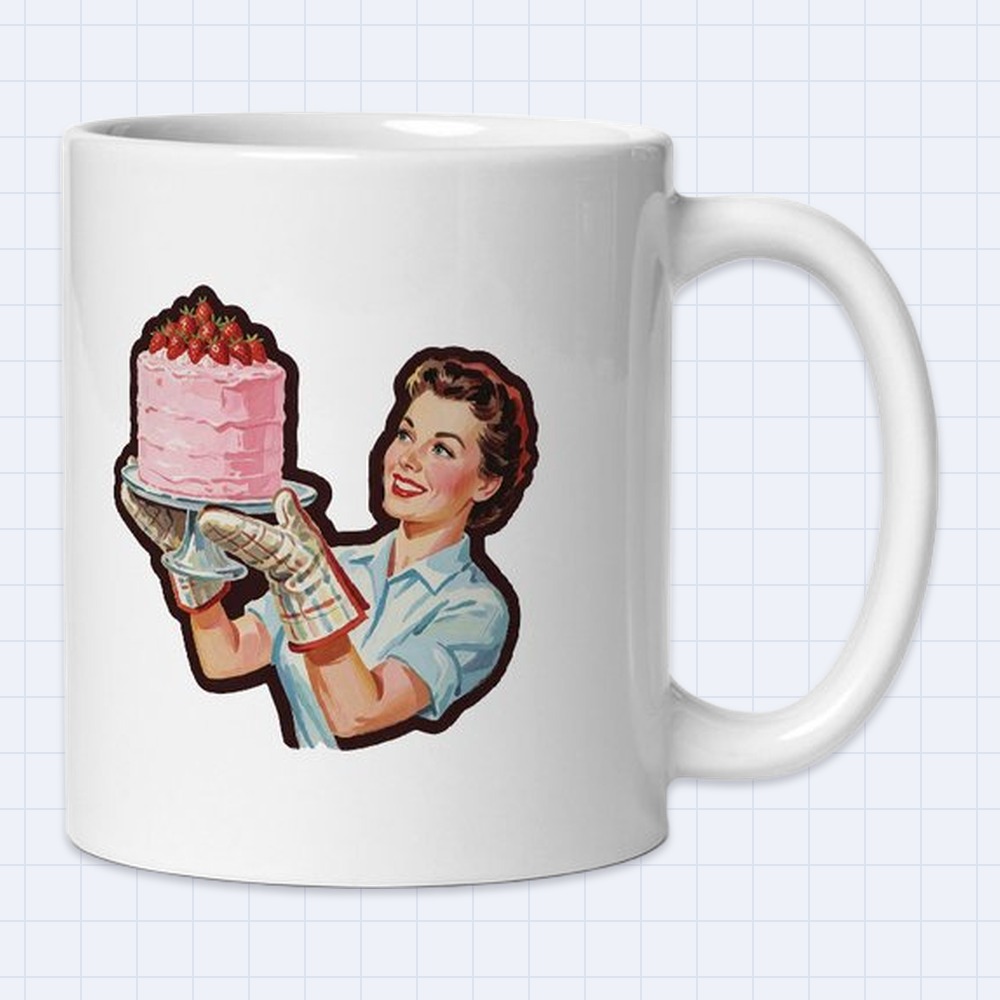 Vintage Retro Woman with Strawberry Cake Mug | 11 oz White Ceramic Coffee Mug