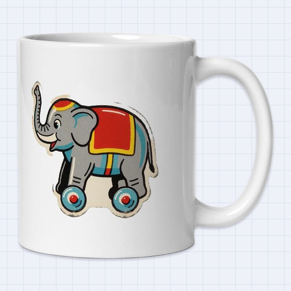Vintage Toy Elephant on Wheels Mug | 11 oz White Ceramic Coffee Mug