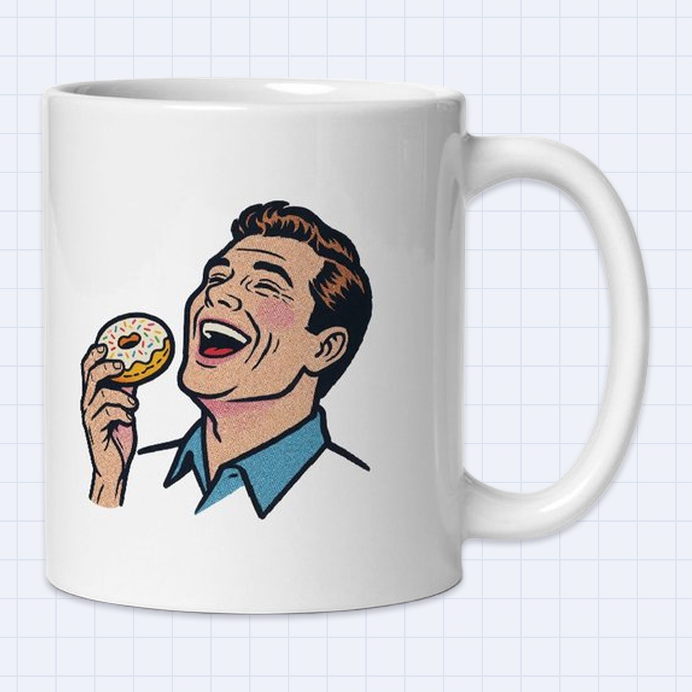 Retro Pop Art Man Eating Donut Mug | 11 oz White Ceramic Coffee Mug